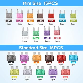 JOREST 30pcs Fuse Set for Car/Truck/Motorcycle (2A 3A 5A 7.5A 10A 15A 20A 25A 30A 35A 40A), 15pcs Mini Flat Fuse + 15pcs Flat Fuse