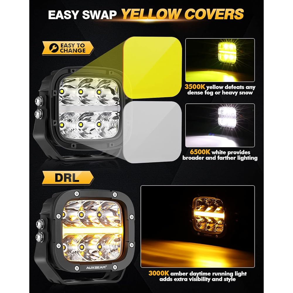 AUXBEAM 5 -inch 132W LED Pod Track 15600LM DRL/Amber/White LED Light Bar Yellow cover 2 replacement Spot Flood Combo Off -Road Cube Blight LED Spot Light Amber Fog Light 3 Color Pair