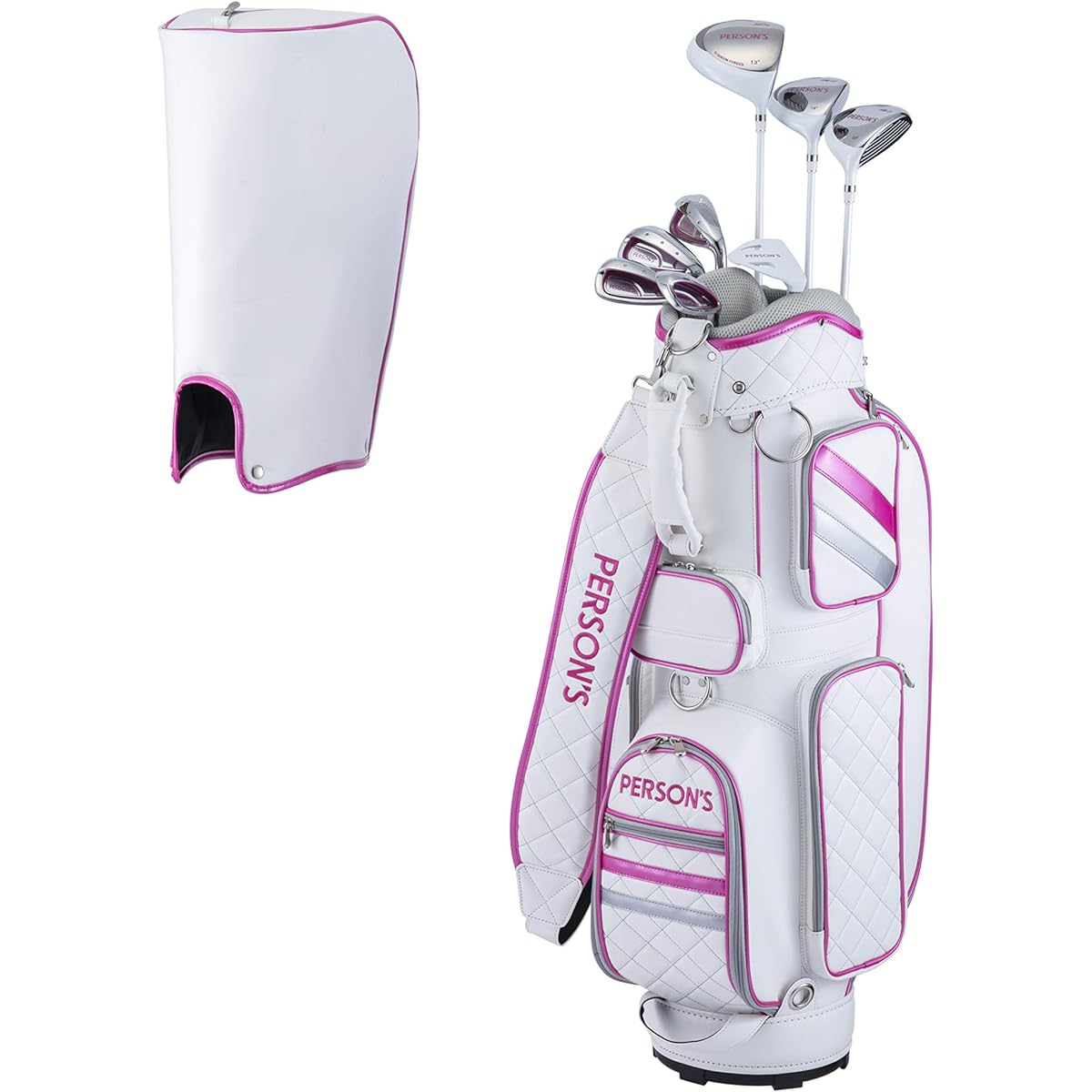 Persons 8-club set with ladies bag PSL1901 WH/PK/SV 3 woods (1W 4W 7W) 4 irons (#7#9#PW #SW) Putter Caddy bag Head cover