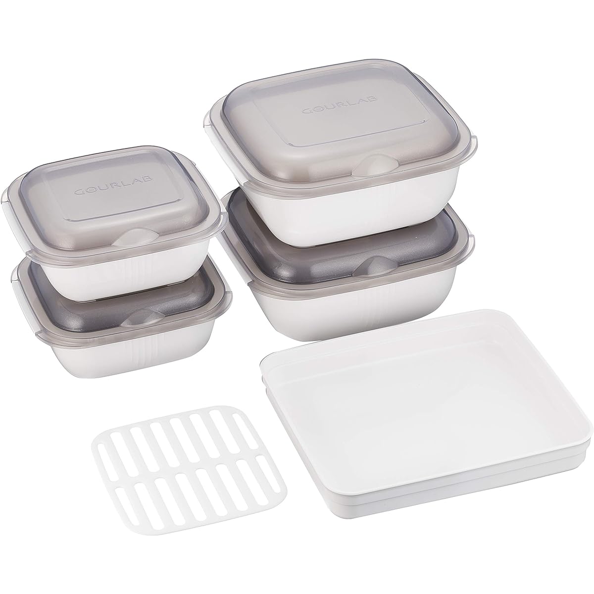 Direct Teleshop Microwave cooking supplies White Large capsule: 18.8 x 16.7 x 8.9cm 161g 1320ml Small capsule: 15.6 x 13.7 x 7.2cm 107g 670ml Square dish: 19.9 x 18 x 3.2cm 118g 900ml Healthy plate: 13 x 12 x 1cm 22g Glu Labo Multi Set GLB-MS 7 Piece Set