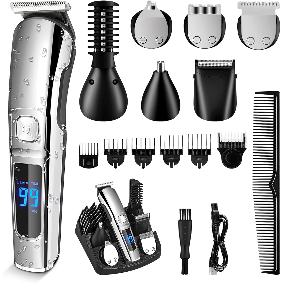 Beedove Body Shaver, Unwanted Shaver, Men's [6 Heads in 1 & 2 Adjustable Modes & Includes Storage Base & Full Body Hair Removal] vio Shaver, Men's Shaver, Electric Shaver, Hair/Beard/Nose Hair Cutter, Full Body Dry and Wet Use, Remaining Power Display, T