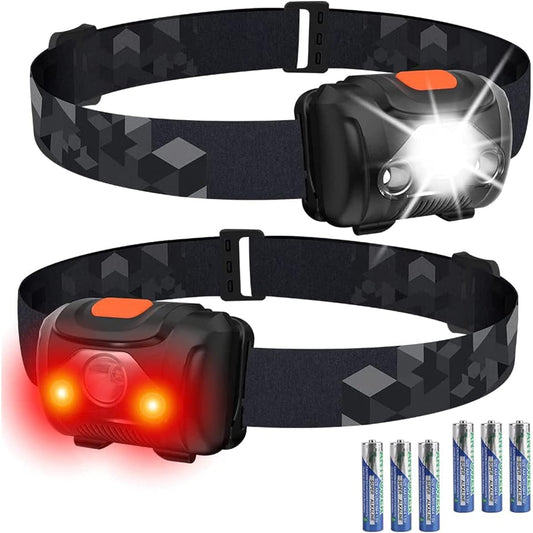 DAI NING LED Headlight, Battery Operated, Set of 2 (6 AAA Batteries Included) Headlamp, High Brightness, Ultra Lightweight, 4 Lighting Modes, White & Red Light, SOS Flashing, IPX4 Waterproof, Small,