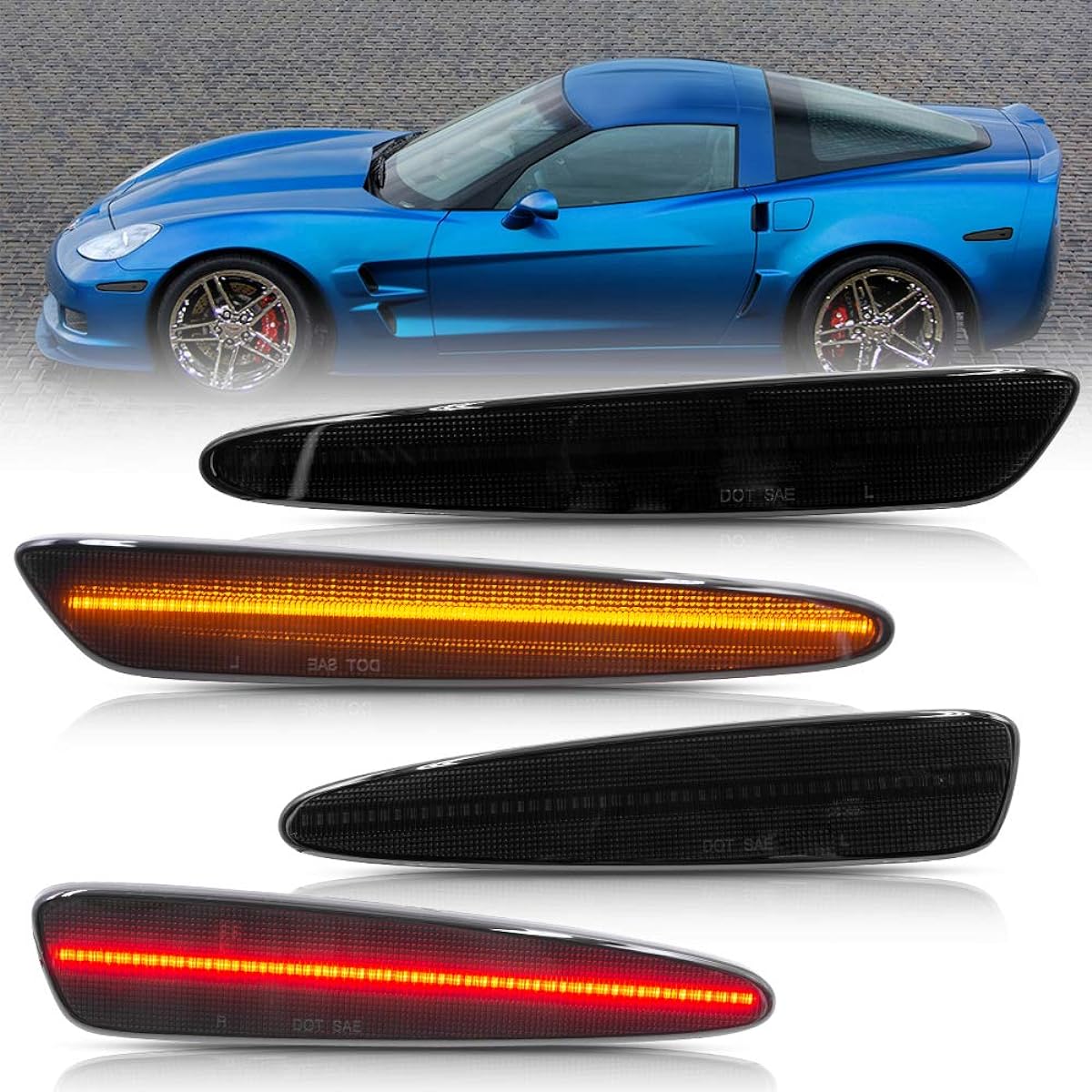 MINGRUI Test Full LED Side Marker Light Kit Chevrolet Colbet C6 2005-2013 Amberfront+Redria Winker Lamp Replacement OEM #10316651 10316652 Bumper Reflector Light 4 Smoke Lens