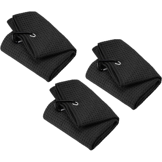 PATIKIL 60 x 40 cm Tri-Fold Golf Towel 3 Pieces Waffle Pattern Towel Soft Fiber Strong Water Absorption with D Clip for Golf Enthusiasts Black