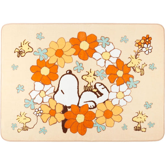 Senko Snoopy Full of Flowers Rug, Approx. 130 x 180 cm, Orange Character, Compatible with Floor Heating, Cute, Fluffy, Soft, Warm, Washable 28074