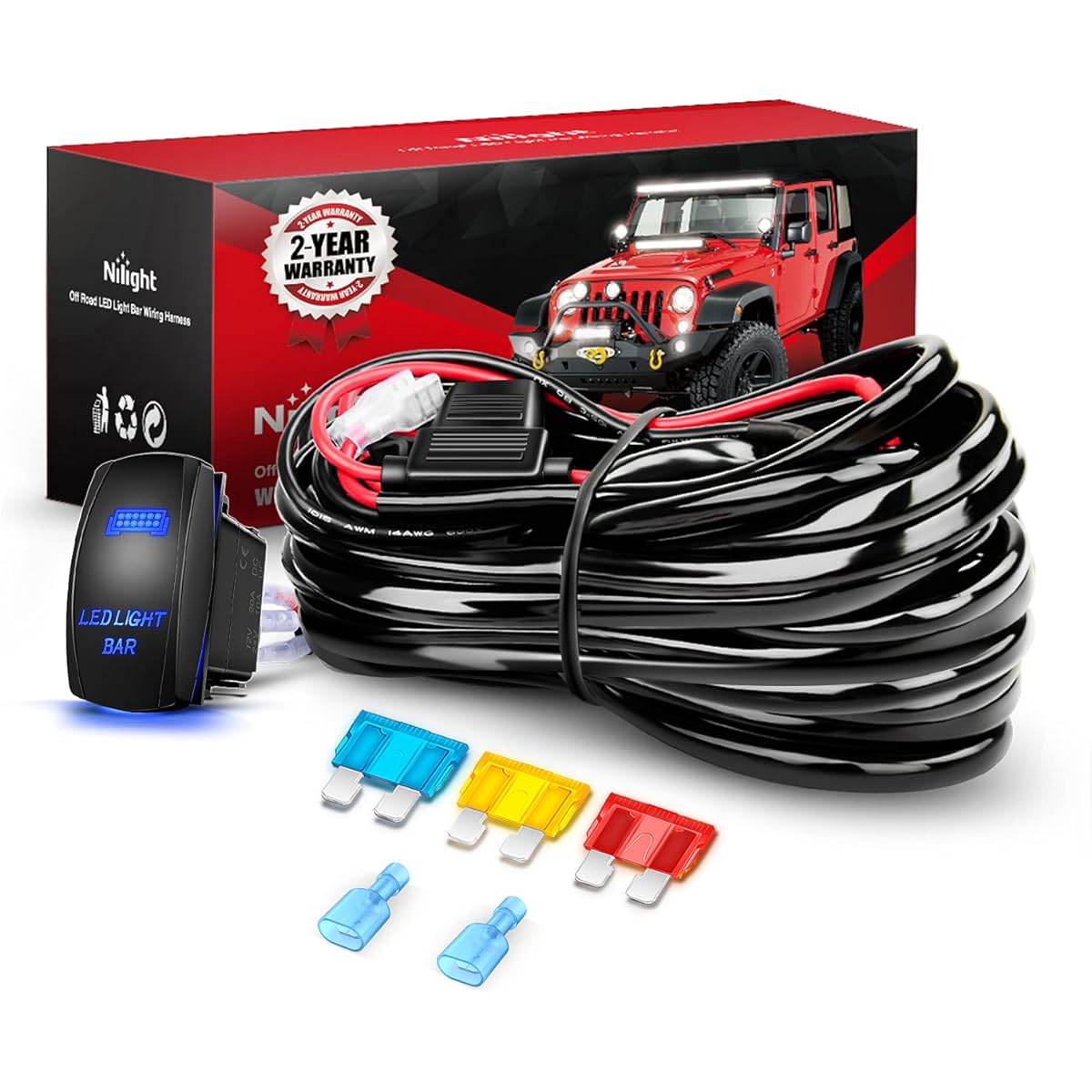 NILIGHT 10014W LED light bar wiring harness kit 14AWG high durability 12V 5 pin locker on -off waterproof switch power