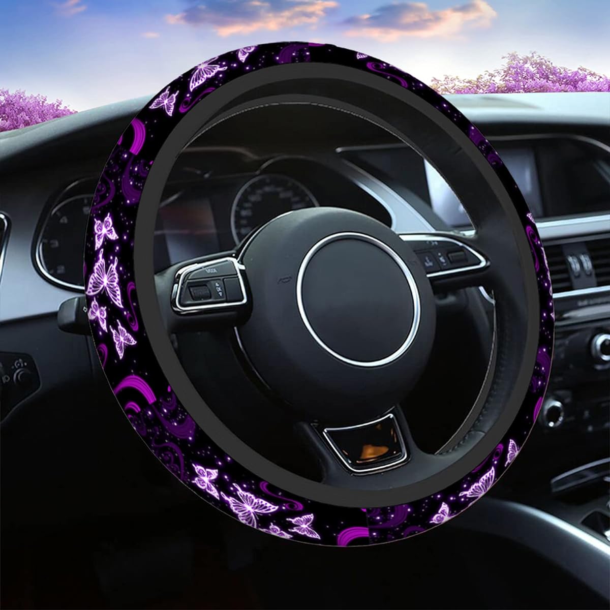 SWONO Butterfly Purple handle cover Men's Ladies Abstract Purple Butterfly and Flower Black Universal 15 inch Auto Neophane Case Roses Wheel Protector