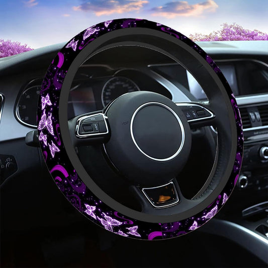 SWONO Butterfly Purple handle cover Men's Ladies Abstract Purple Butterfly and Flower Black Universal 15 inch Auto Neophane Case Roses Wheel Protector