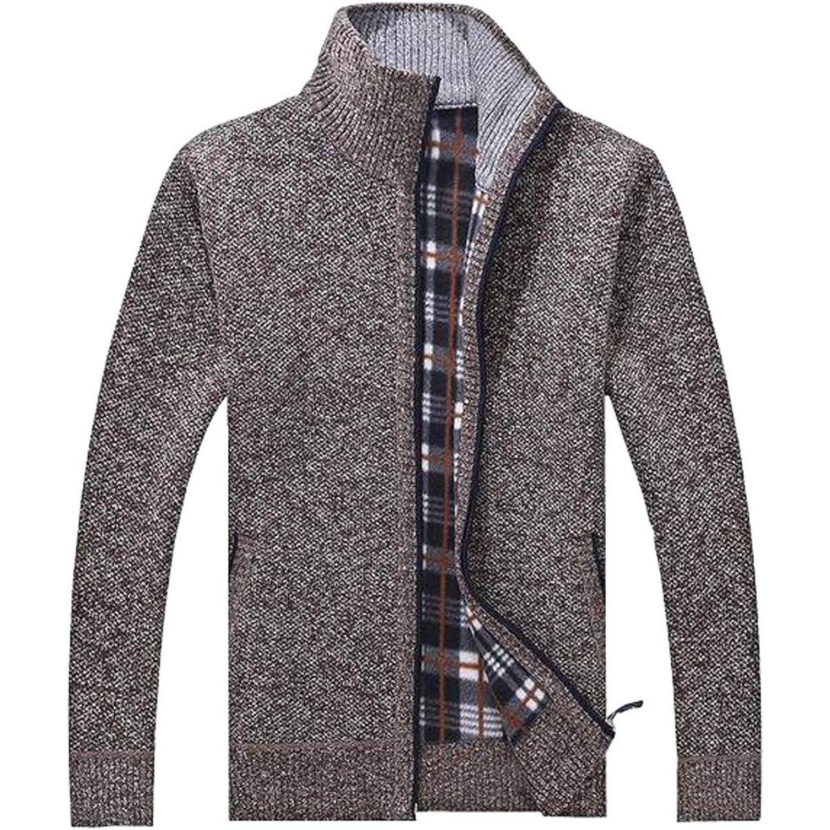 [LUXIA FILL] Men's Knit Cardigan Jacket Sweater Long Sleeve Zip Up High Neck Brushed Lining Warm Stand Collar Plain