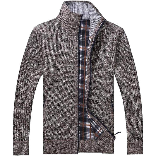 [LUXIA FILL] Men's Knit Cardigan Jacket Sweater Long Sleeve Zip Up High Neck Brushed Lining Warm Stand Collar Plain