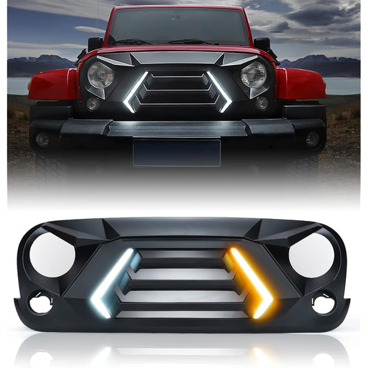 XPRITE Front Grill Turn Signal and Daitime Running Light Mat Black Grill 2007-2018 JEEP WRANGLER JK JKU Compatible Patent Design