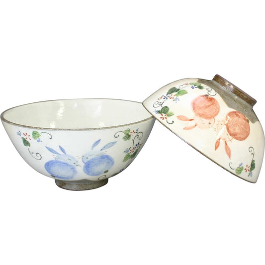 Kyoto ware, Kiyomizu ware, Kaho kiln, set rice bowl, flower rabbit, LKH410