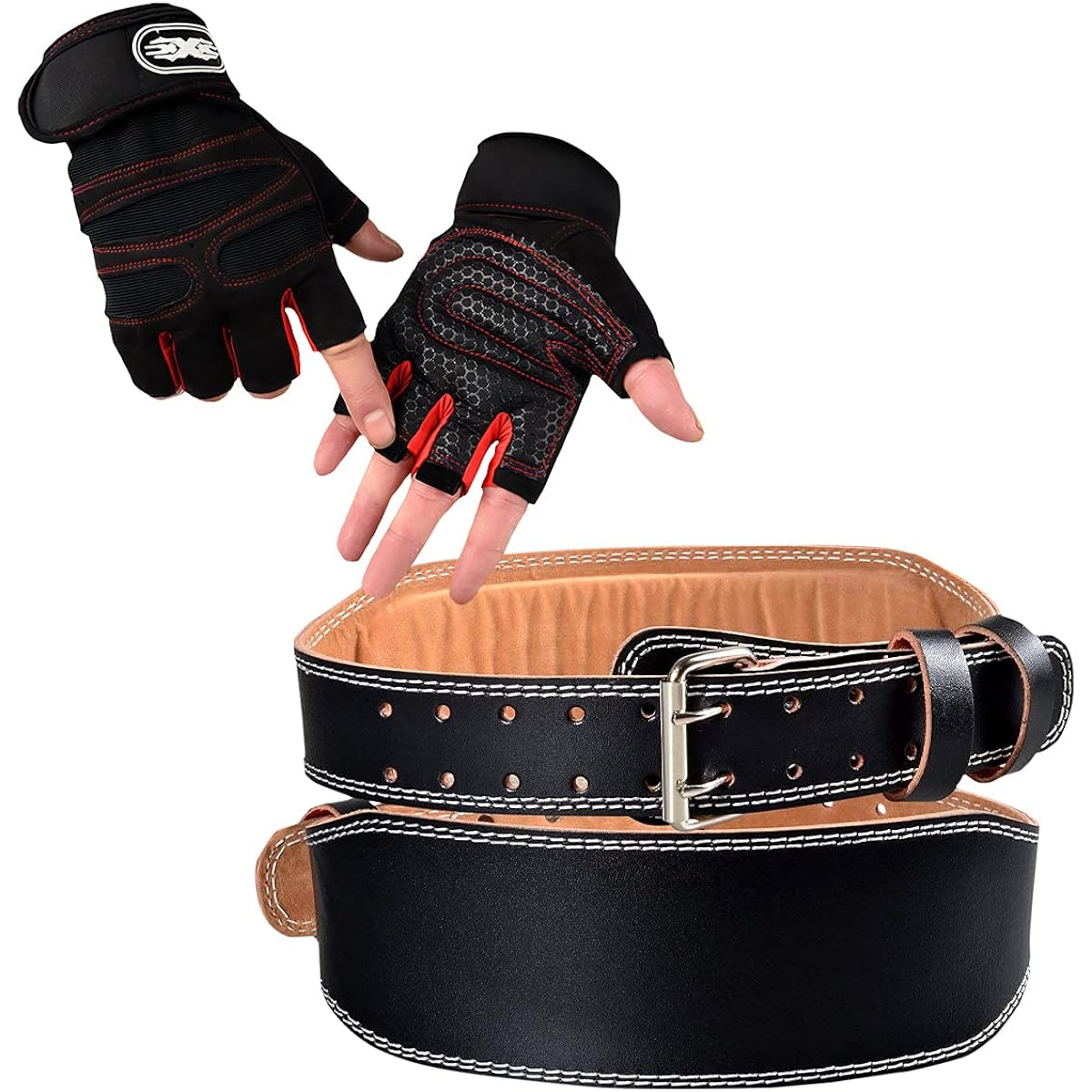 [YuHaru] Power belt, lifting belt, muscle training belt, training belt, weight belt [2-piece set with gloves] Power belt (M), gloves (M)