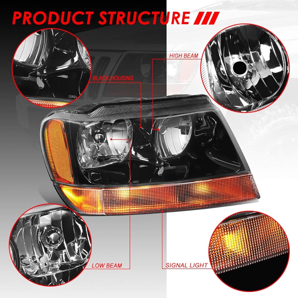 Auto Dynasty Pair Black Housing Amber Reflector Left+Right Headlight Lamp Geep Grand Cheroke WJ 99-04 compatible