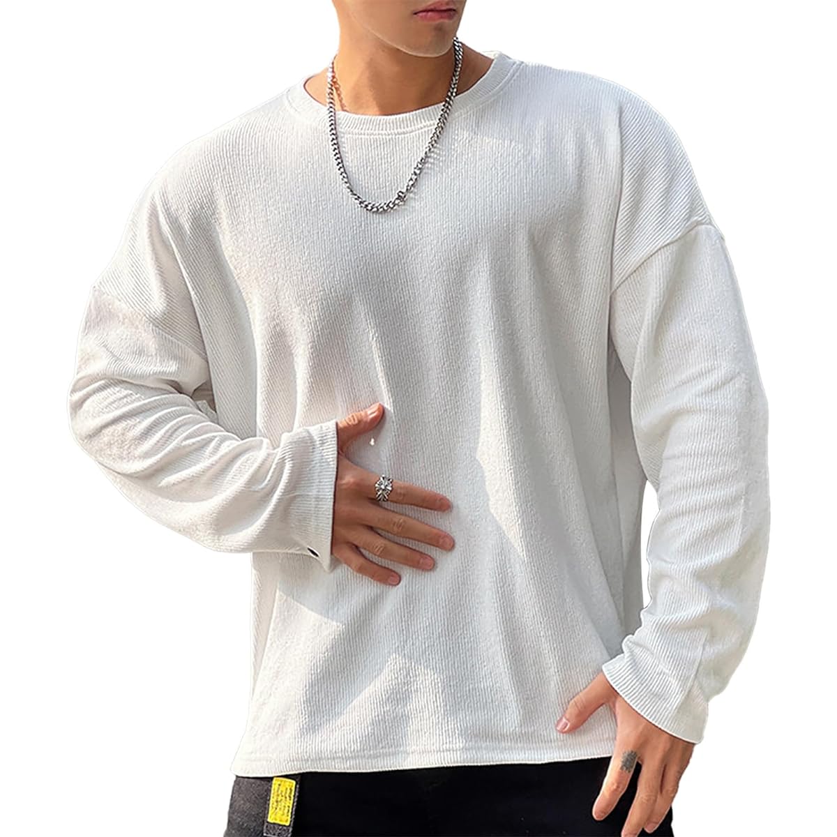 [Manatsulife] Men's Sweatshirt, Long Sleeve, Pullover, Cut and Sew, Parka, Training Wear, Plain, Casual, Buttoned Cuffs, Oversize, Round Collar, W12
