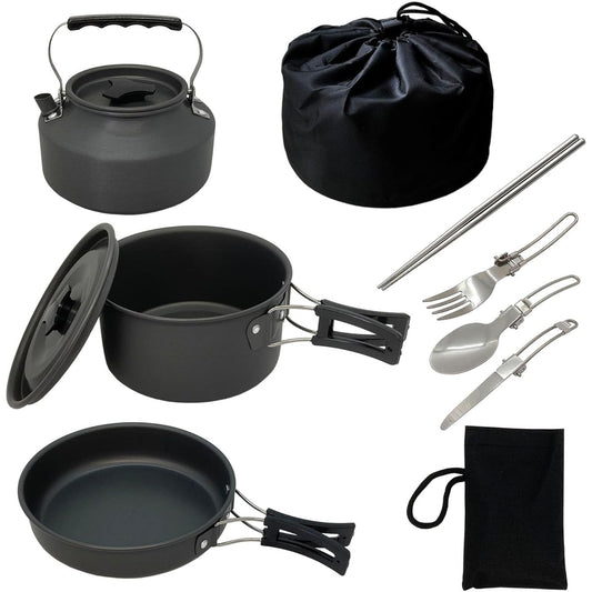 Seekdem Aluminum Cooker, Outdoor Pot, Frying Pan, Kettle, Camping Cookware, Storage Bag Included, Fork, Spoon, Knife, 4-9 Piece Set