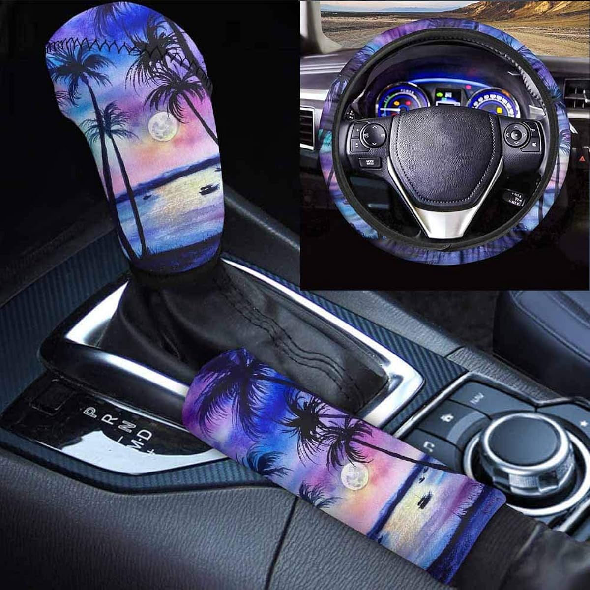 TOADDMOS 3 Points Hawaiian Purple Set Beach Pald Pald Wood Pattern Soft Handle Cover Cover Cover Gear Shift Cover non -slip Universal car internal decoration