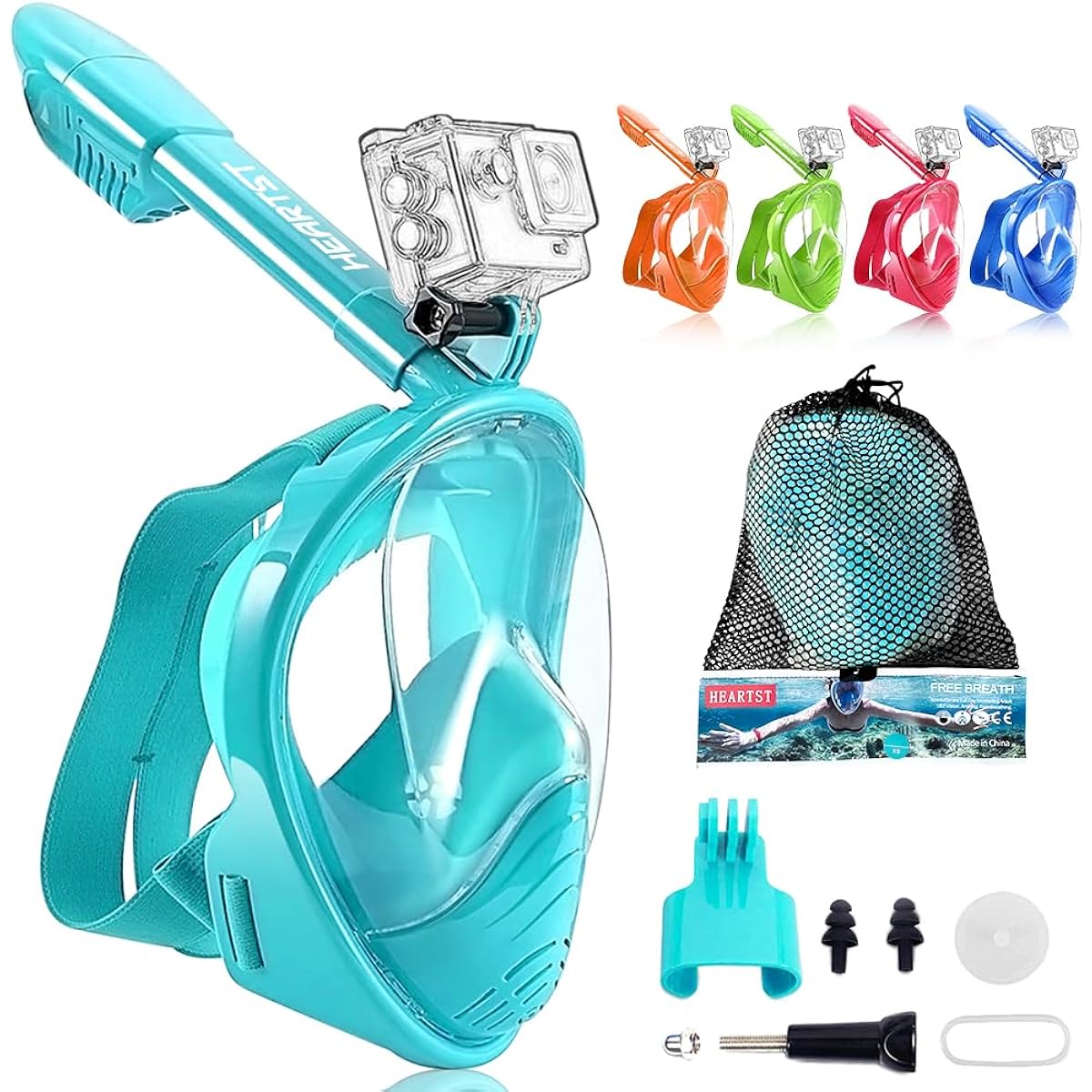 HEARTST Snorkel Mask, 180° Ultra Wide Angle, Children's Diving Mask, Full Face Mask, Anti-Fog, Leakproof Diving Mask, Can Attach Sports Camera, Underwater Mask, Snorkeling Equipment, Breathe Freely, Unisex, Children's Mask, Storage Bag Included