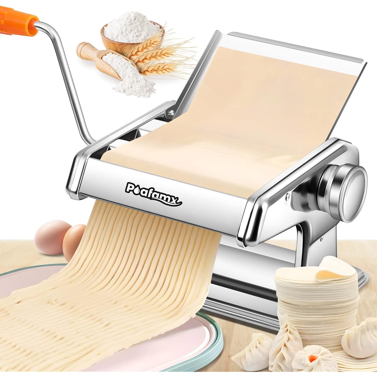 Poafamx Pasta Machine Manual Noodle Making Machine 2 Cutters 2-3/4-5mm 6 Levels Thickness Adjustment Stainless Steel Easy to Clean Udon/Spaghetti/Soba/Chinese Noodles/Ramen, etc. Pasta Maker for Home and Commercial Use (2 Cutters)