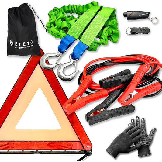 ETETO 6-point in-vehicle safety booster cable, tow rope, triangle display board, hammer
