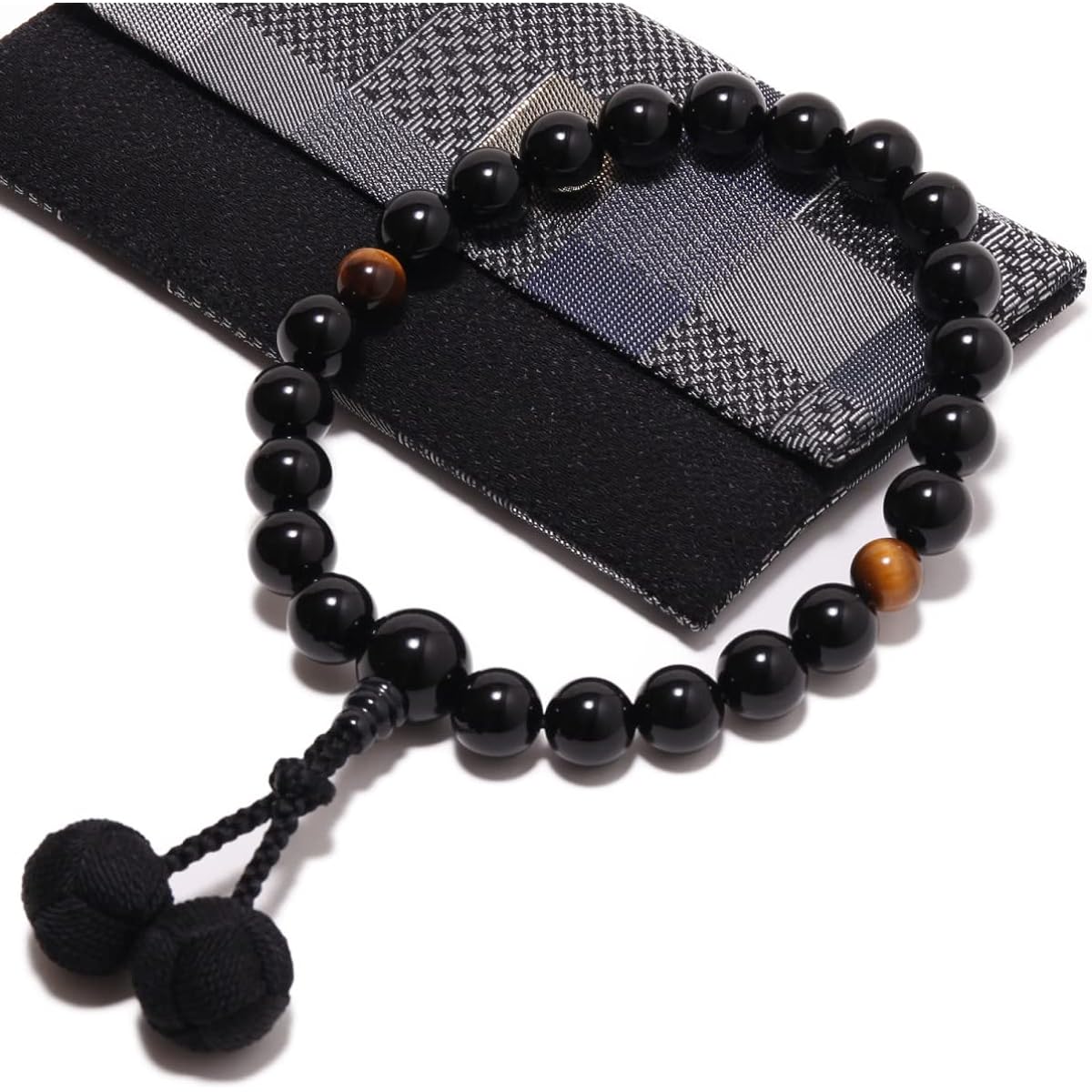 Prayer beads made in Japan - Men's luxury natural stone, black onyx, 22 beads, tiger's eye stone, Sanskrit tenbo [tassel color black] [Bead bag included] Domestic handmade prayer beads that can be used by all sects [A long-established prayer bead manufac