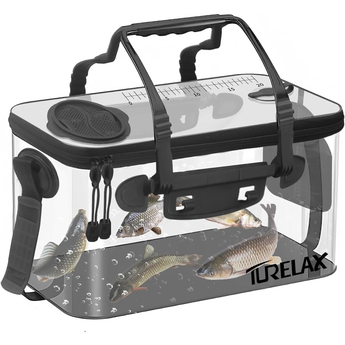 TURELAX Fishing Bucket 30cm/40cm/45cm Transparent Foldable Compact Contents Visible Spring Cover with Pump Holder Non-slip Bottom Shoulder Belt Lightweight EVA Material (Transparent, 40cm)