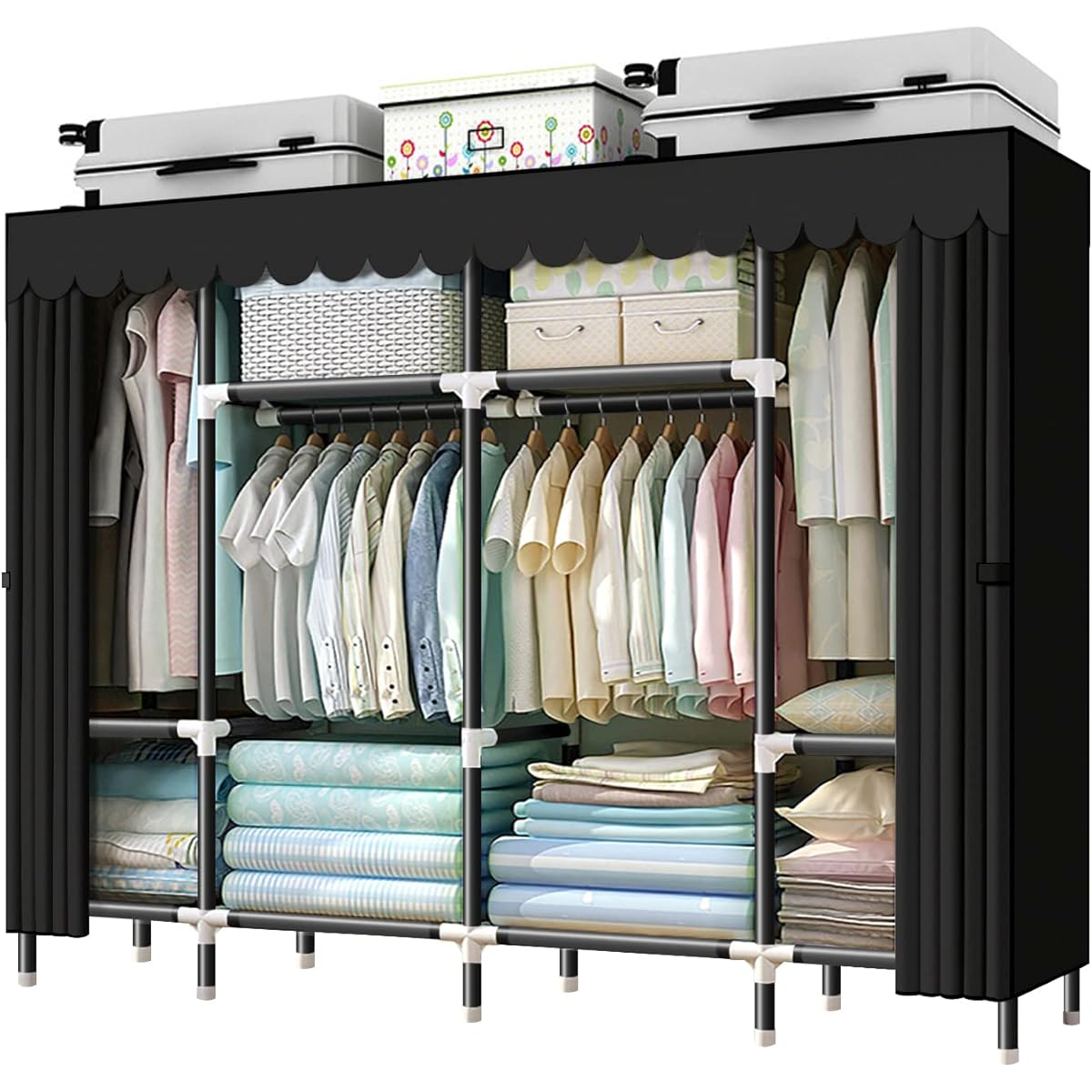 Rukasto Wardrobe with Cover, Large Capacity, Oxford Cloth Closet, Hanger Rack, Easy to Assemble, Clothes Storage Rack, Space Saving, Waterproof, Dustproof, Stain Resistant, Durable, Width 200 x Depth 43 x Height 168 cm, Black