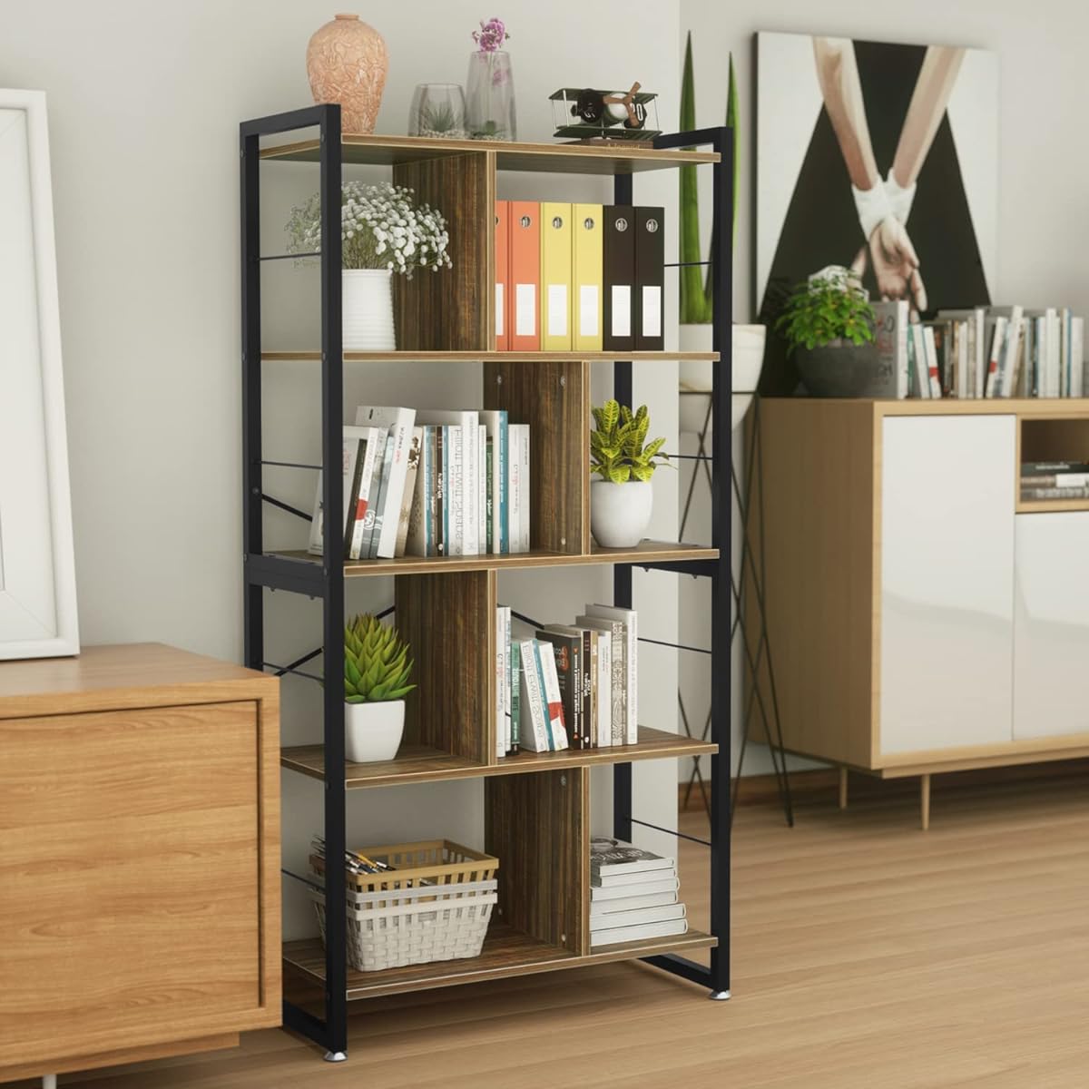 Open Shelf Rack Shelf 5 Tiers DEWEL Width 75cm Height 150cm Open Rack Stylish Storage Shelf Bookshelf Wooden Steel Frame Wood Grain Display Rack Shelf Flower Stand Decorative Shelf Kitchen Storage Scandinavian Width 75 x Depth 35 x Height 150cm