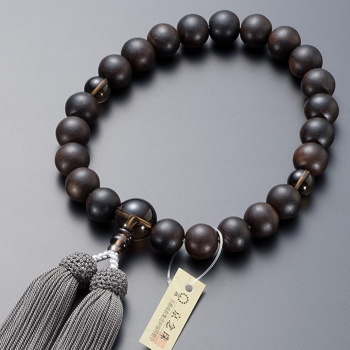 [Buddhist Altar Shop Takita Shoten] Kyoto Prayer Beads for Men, Striped Ebony (Matte), Brown Crystal Tailoring, 22 Beads, Pure Silk Head Tassel, Bead Bag Included, Can Be Used by All Sects, Certificate Included