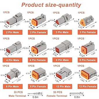 DEUTSCH DT Connector Kit 2, 3, 4, 6, 8, 12-pin configuration, size 16 stamped contacts, sealed automotive electrical connector 35 Pair barrel style solid terminal pin socket 14-20 AWG