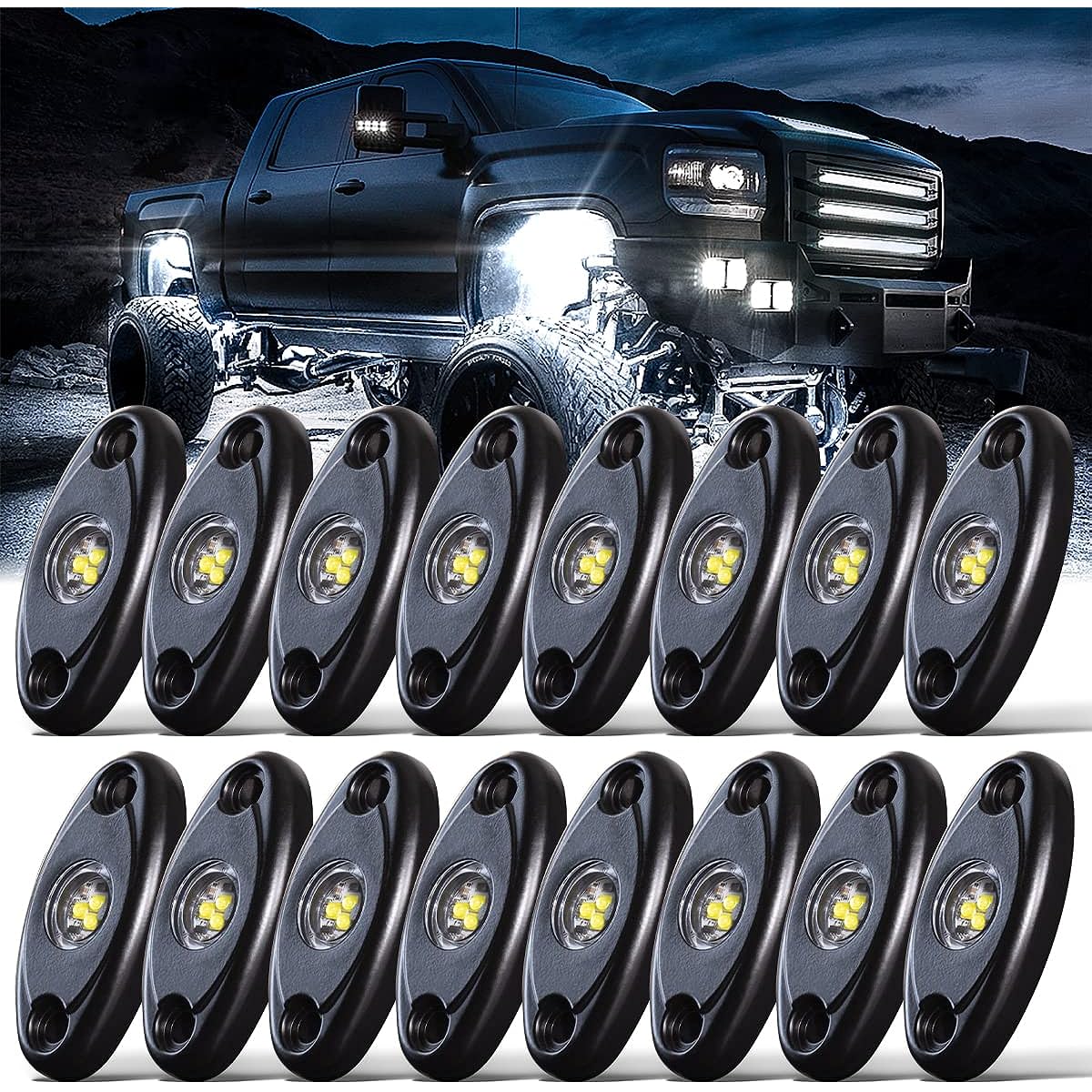 LEDMIRCY R1 LED Pure White Rock Light 16 pieces Jeep Track RZR Off -Road Boat Car ATV UTV UTV Under Glow Trail TRAI Rig Light Under Body Neon Light High Power Waterpower Waterproof resistance