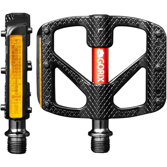 GORIX Bicycle Pedals, Ultra-Light Aluminum, Thin, Wide, Flat Pedals (GX-FY610) [Reflector Includes Reflector, Red Axis, Stylish, Pedal Replacement, Anti-Slip] Road Bike, Cross Bike, MTB and Other Bicycles