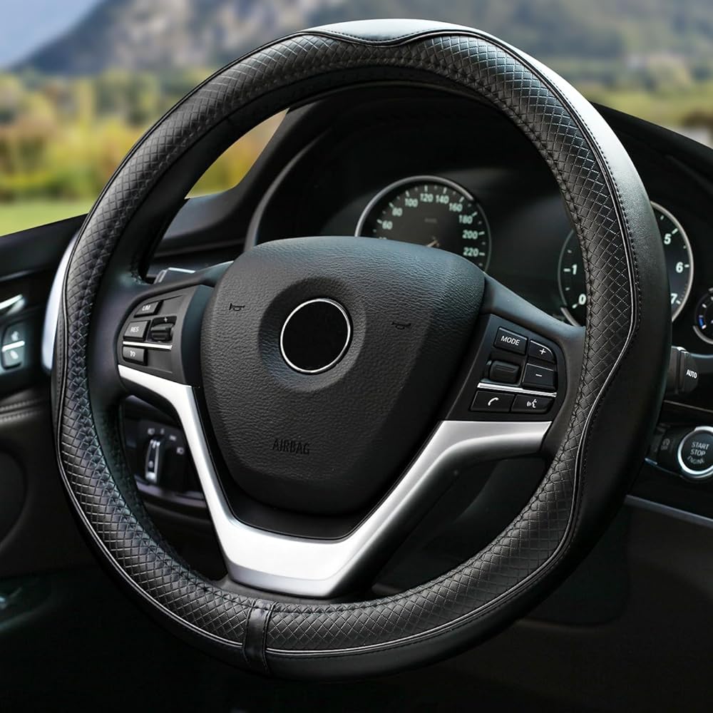 rueesh Car Steering Wheel Cover Genuine Leather Sporty Curve, Durable, Thick, Anti-Slip, 15 in. Medium Size