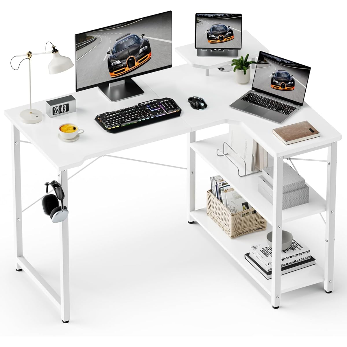 kukeimaru L-shaped computer desk, width 110cm, corner game desk with storage shelf and display shelf, home office computer desk, study desk, white, right shelf