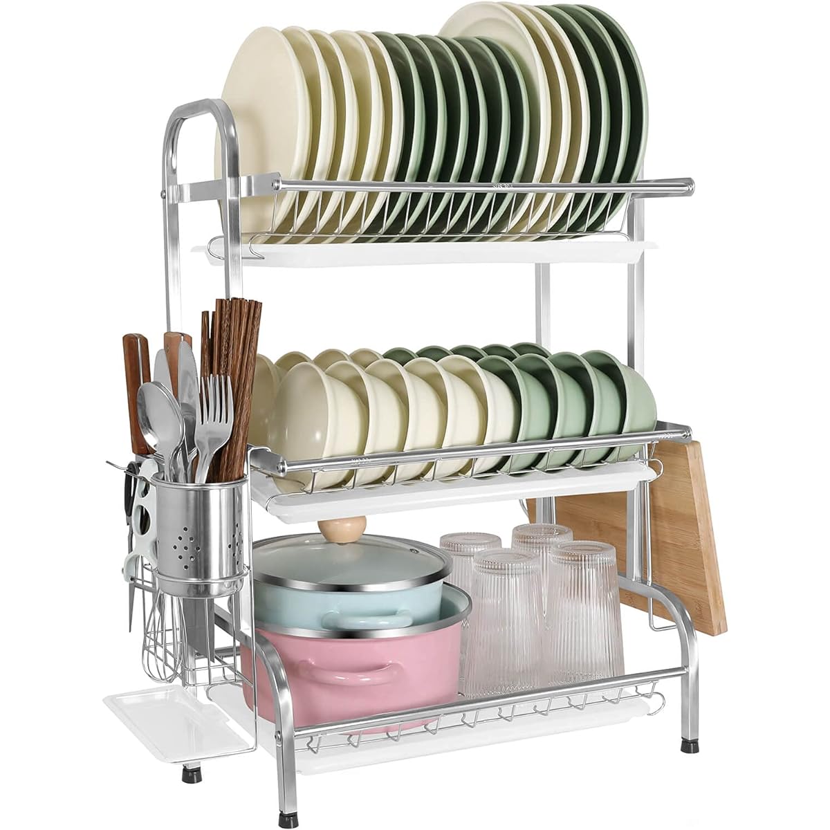 RiniroLis Drainer Rack, 3 Tier Type, Dish Drainer Basket, Stainless Steel Dish Rack, Drainer Basket, Kitchen Storage Rack, Large Capacity, Knife Stand, Cutting Board Rack, Chopstick Holder Included, Non-slip, Easy to Assemble, Japanese Instruction Manual