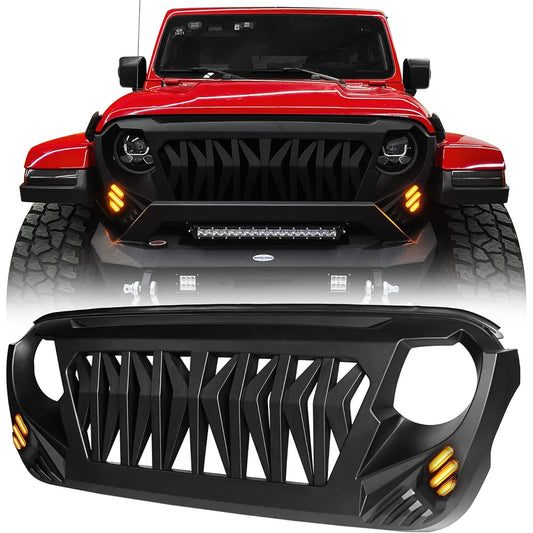 HOKE ROAD JL/JT Front Grill Cover Shak Grill Guard Jeep Wrangler JL JLU & GLADIATOR JT 2018-2024 (with Amber Signal Light)