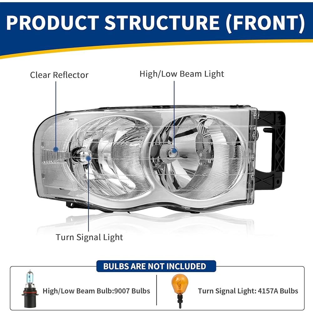 Autosaver88 Headlight Assembly 2002-2005 Dodge Lamp Pickup Track OE Style Changing Headlamp Chrome Housing Clear Fractor Lens
