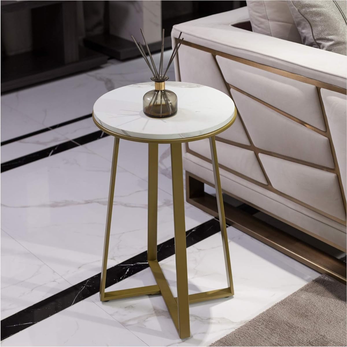 MONCOT Side Table Round Sofa Side Bedside Table Storage Table Cafe Table Small Wooden Top Metal Frame Easy Assembly Stylish Luxury Marble Pattern ET9522-WH