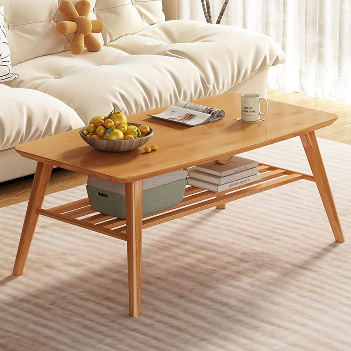 LSPYYDS Low Table Center Table Length 80 x Width 30 x Height 50 CM Bamboo Coffee Table with Storage Shelf Living Table for Single Person Single Living Table Easy to Install For Living Room, Living Room, Home Furniture Primary Color