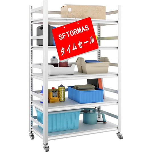 Steel Rack Metal Rack Width 80 x Depth 40 x Height 160cm 5 Tiers Metal Rack High Load Capacity Comes with Casters Comes with Fence Shelf Rack Shelf Height Adjustable Easy Assembly Heavy Duty Large Capacity White