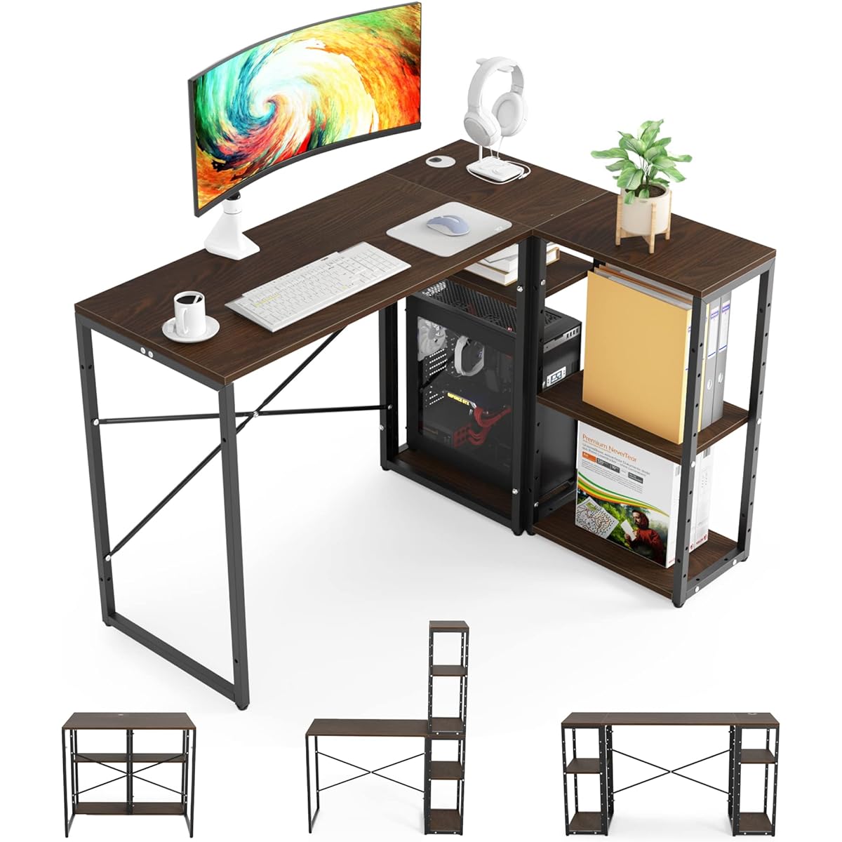 Gaming desk L-shaped desk Desk DEWEL computer desk 3-piece set L-shaped Width 80cm-128cm Depth 40cm-80cm Height 70cm Total load capacity 160kg Corner desk 9-level adjustment Comes with movable shelf Comes with rack Unit desk Stylish Work desk Shelf with