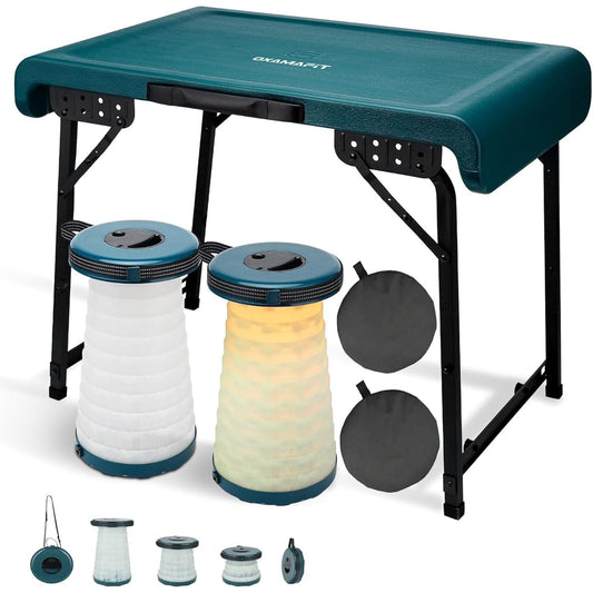 OXAMAFIT Folding outdoor portable folding table comes with 2 telescopic stools, the stools have 3 light modes and the height is adjustable. The table has a load capacity of 30 kg, which is convenient for camping and outdoor activities.