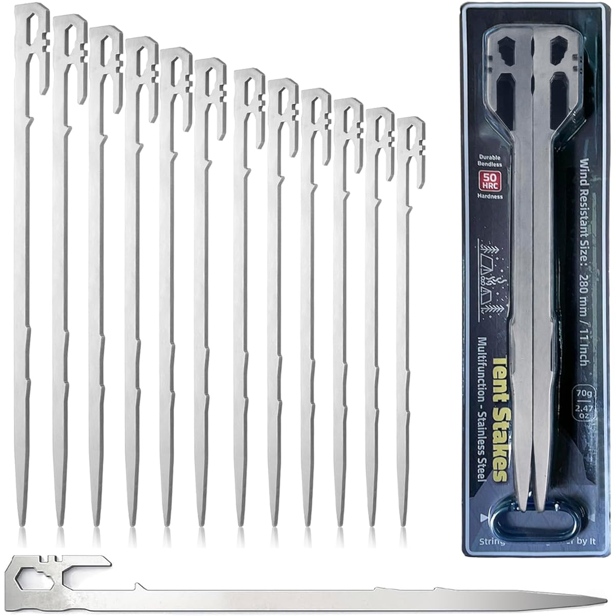 Fifod Tent Peg Set of 12 Pegs, 28cm, Forged Peg, Stainless Steel 420, Tough, High Strength, Corrosion Resistant, Integrated U-Shape, Setup Tool, Outdoor, Mountain Climbing, Hard Soil, Grassland, Rocky Area, Sandy Beach Stake Peg Set