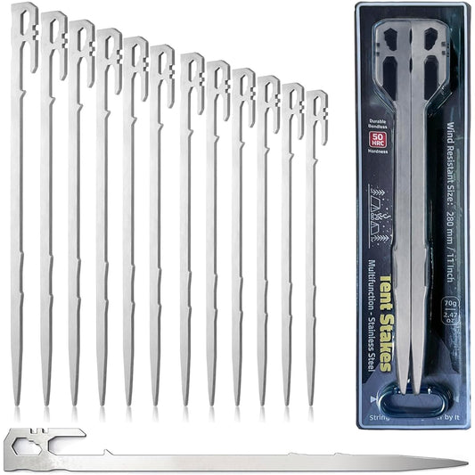 Fifod Tent Peg Set of 12 Pegs, 28cm, Forged Peg, Stainless Steel 420, Tough, High Strength, Corrosion Resistant, Integrated U-Shape, Setup Tool, Outdoor, Mountain Climbing, Hard Soil, Grassland, Rocky Area, Sandy Beach Stake Peg Set