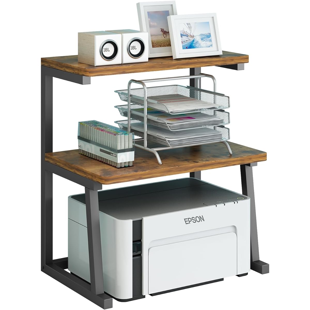 CYUUEU Printer Stand, Printer Rack, Desk Rack, Printer Desk Rack, Stand, 3 Tiers, Width 48cm, Depth 36cm, Height 63cm, Desktop Stand, Under-Desk Stand, Copy Machine Stand, Tabletop Storage, Printer Stand, Load Capacity of Each Shelf Board 25kg (Brown)