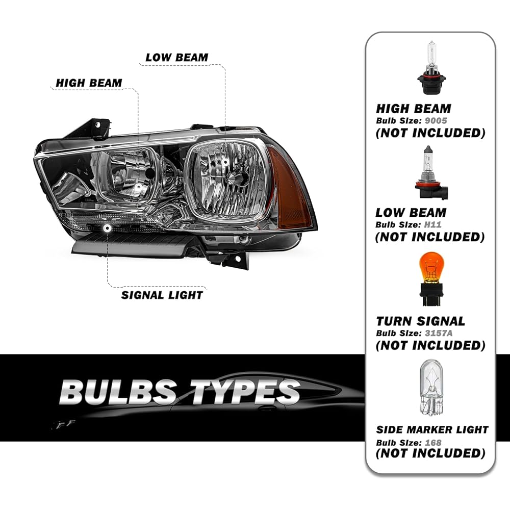 Headlight assembly set 2011/2012/2013/2014 DODGE CHARGER Smoked Black Lens Amber Reflector Halogen Head Lamp Public seat side and driver's seat side (smoke black)