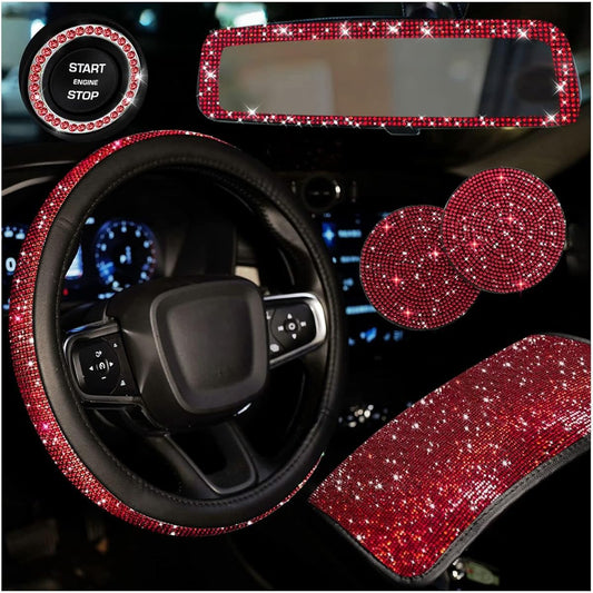 IDOGLIITTE+ glittering glittering rhinestone car decoration Premium Crystal Rear View Mirror Auto Center Console Protection Cover Diamond Leather Handle Coaster 2 Push Start Button Cover Red 6 Pack