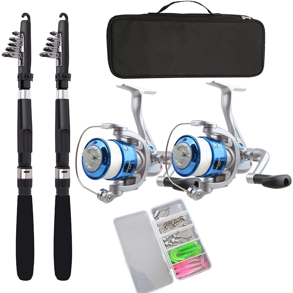 Fishing Set, Beginner, 2 2.1M Fishing Rod Set, Fishing, Sea Fishing Set, Compact Rod, Introductory Set, Spinning Reel, Carbon Rod, Portable, Lightweight, Includes Lure Set, Storage Bag Included