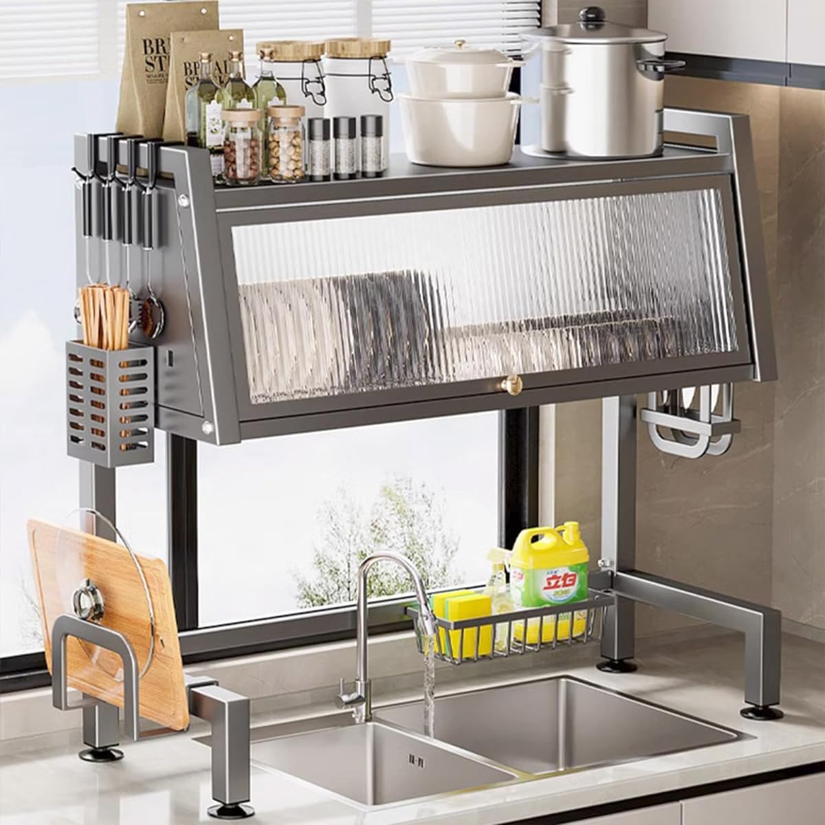 Over the Sink Dish Drying Rack, Width 33.5 inches (85 cm), Dish Drainer, Kitchen Storage Shelf, Dust Cover, Large Capacity, Anti-Slip, Space Saving, Stainless Steel, S-Shaped Hook, Chopsticks Cage,