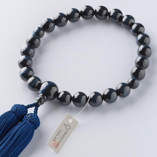 [Buddhist Altar Shop Takita Shoten] Kyoto Prayer Beads for Men, Blue Tiger Eye Stone, 22 Beads, Pure Silk Head Tassel, Bead Bag Included, Men's Prayer Beads that Can Be Used by All Sects, Certificate Included
